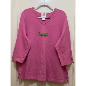 Quacker Factory Womens Top 3X Rhinstone V-neck Crochet Alligator Pink 3/4 Sleeve